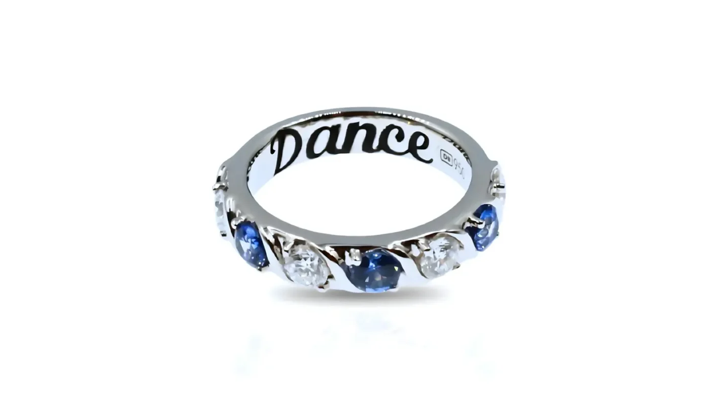 Layne Beachley’s custom platinum DANCE ring with sapphires and diamonds